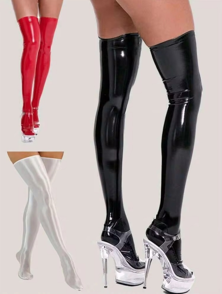 Women’s Black Glossy Thigh-High Patent Look Boots with Transparent High Heel